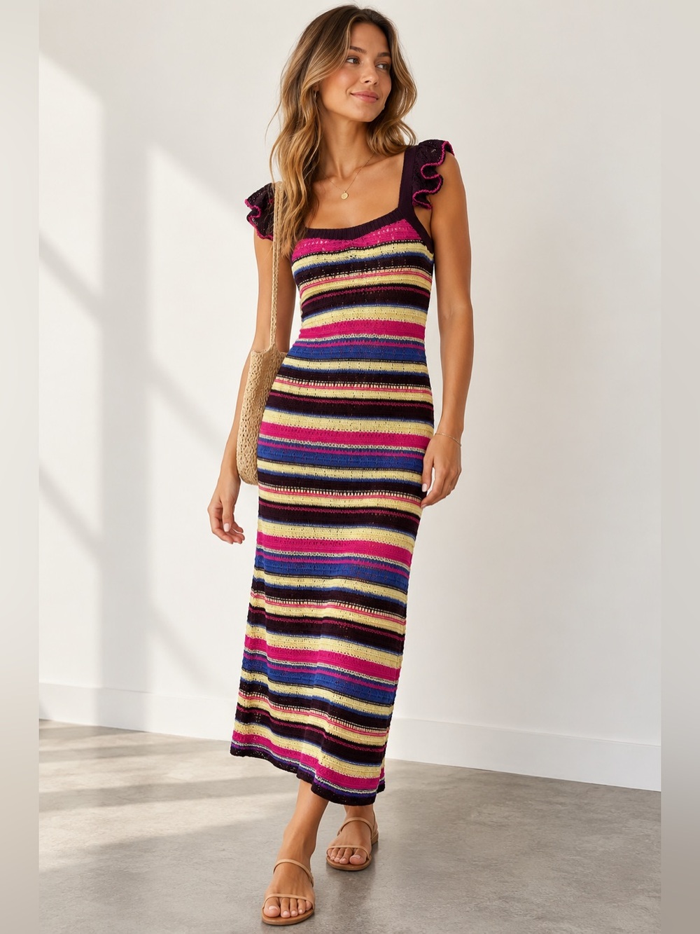 Zara Multicolor Crochet Knit Maxi Dress Boho Stripe Ruffle Sleeve Size Small